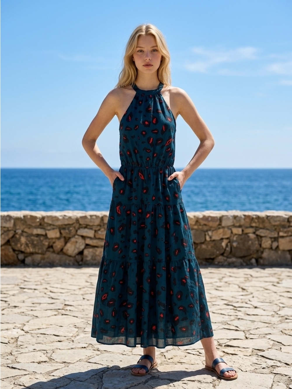 #190 Teal Halter Maxi Dress with orange Red  Accent Print
